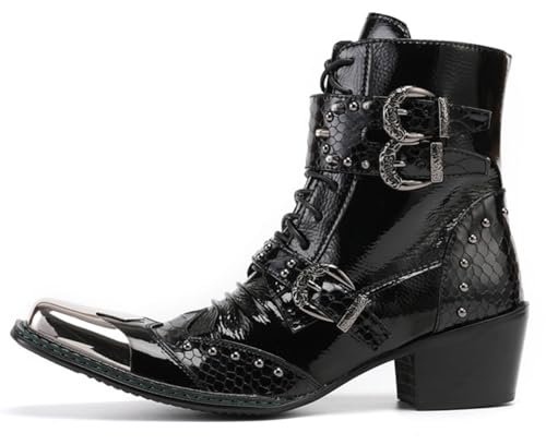 Santimon Mens Boots Casual Black Western Leather Fashion Square Toe Metal Tip Dress Ankle Boot3
