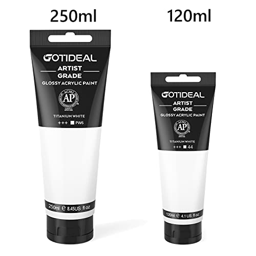 Image of GOTIDEAL Acrylic Paint Titanium White Tubes(250ml, 8.79 oz) Non Toxic Non Fading,Rich Pigments for Painters, Adults & Kids, Ideal for Canvas Wood Clay Fabric Ceramic Craft Supplies