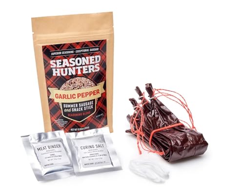 Seasoned Hunters GARLIC PEPPER Summer Sausage Making Kit Complete with (9) 2.56 x 12' Mahogany Casings, Cure and Meat Binder packets, tie string and Instructions. Makes 12.5 lbs of Summer Sausage