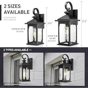 Zeyu 212 inch outdoor wall fixture large outdoor sconce lights for patio garage die cast aluminum with water ripple glass black finish zd99b m bk wp  urban country home decor