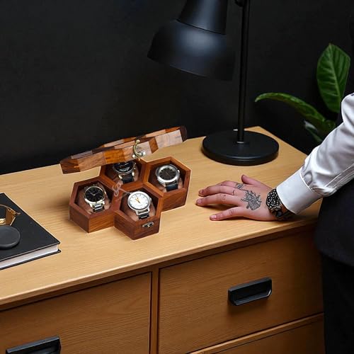 Vitrina de reloj de madera de alta calidad con 4 ranuras, caja de reloj hecha a mano, vitrina vintage de panal en palisandro indio, almohadas de terciopelo hechas a mano, regalo del día del padre para - imagen 3