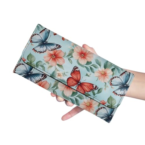 Image of AFPANQZ Womens Leather Wallets Red Butterfly Flower Large Capacity Card Holder Zipper Travel Purse, Phone Holder Coin Zip Pocket Multi Cards