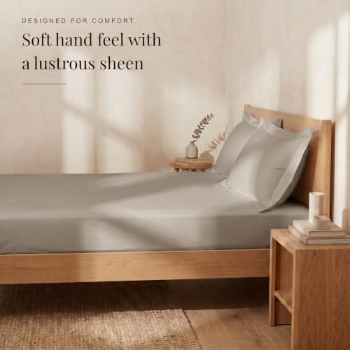 Image of Huesland 300 TC Premium 100% Pure Cotton Luxe Soft Touch Fitted Single Size Bedsheet Cotton with 2 Pillow Covers | Dessert Taupe | 36 x 78 Inches