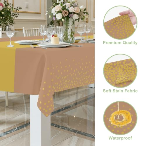 Image of Smiry Plastic Table Cloth Disposable 3 Pack, 54 x 108 Inch Rectangle Waterproof Tablecloth, Printed Gold Table Runner Style for Birthday Weeding, Party Decorations, Leakproof & Sturdy, Gold and Camel