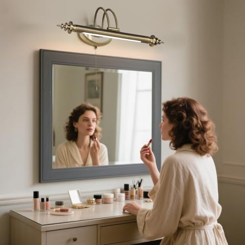 ACMHNC LED Spiegelleuchte Bad mit Zugschalter, 52cm Spiegellampe Badezimmer Vintage, 6W Bilderleuchte Arc Arm Antik Optik, 4000K, Badlampe IP44, 240° Verstellbar Wandleuchte für Schrank & Bilder