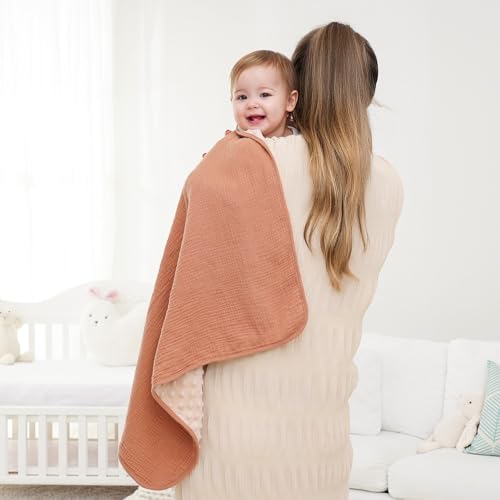 Image of Susurration Baby Blanket for Unisex Boys Girls, 2 Pack Soft Fluffy Crib Blankets with Muslin Cotton Front and Dotted Fleece Back, Receiving Blanket for Baby Newborn Infant, 30x40in, Beige Sun&Brown