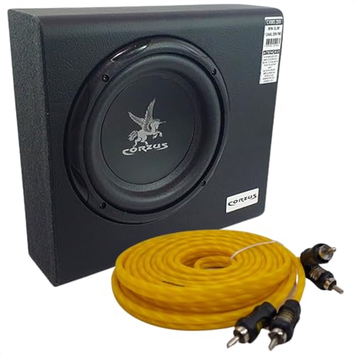 Caixa Corzus 200W Mini Slim Subwoofer 8'' Automotiva Amplificada + Cabo Rca 2 Vias Blindado Profissional 5 Metros