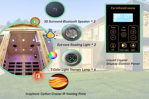 Image of LTCCDSS Low EMF Outdoor Far Infrared Sauna 4-Person, Hemlock Wood Sauna for Home- Bluetooth Speakers, LED Reading Lamps, Chromotherapy Lights, 68.1 * 52.4 * 82.7 in