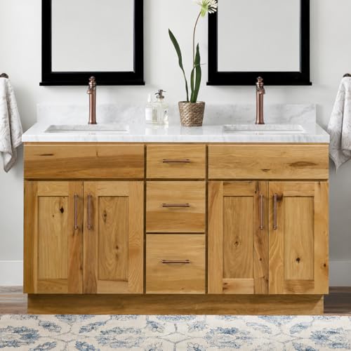 Riley & Higgs 60 Inch Hickory Bathroom Vanity with Double Sink Base, 4 Doors, Country Rustic, Furniture Cabinets with 3 Drawers, 60" x 21" x 34.5"