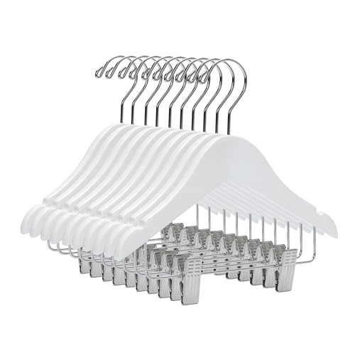 Quality Wooden Baby Hangers with Clips | 20 Pack | 10' Pant & Skirt Hangers with 360-Degree Swivel Hook & Nonslip Notches | Suitable for 0-3 Years (White, 20)