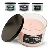 Vela aromática de soja natural Rose + Lily 300g | 3 mechas | Vela decorativa con tapa metálica negra | Vela perfumada floral y elegante | Duración 35h | AROMATIUM