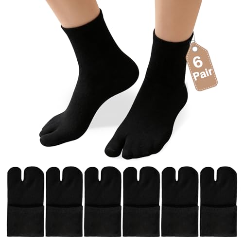 Olynto 6 Pairs Unisex BlackTabi Split Toe Flip Flop Socks Soft Breathable Cotton Elastic Big Toe Geta Sandal Japanese Socks for Men Women