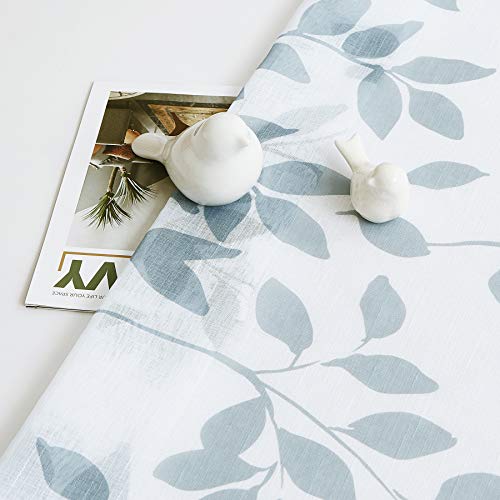Image of Blue White Sheer Curtains 84 inch Long Living Room Leaf Printed Linen Textured Semi Sheer Drapes for Guest Bedroom Botanical Country Rustic Light Filtering Window Treatment Sets for Dining Kitchen 2 pcs