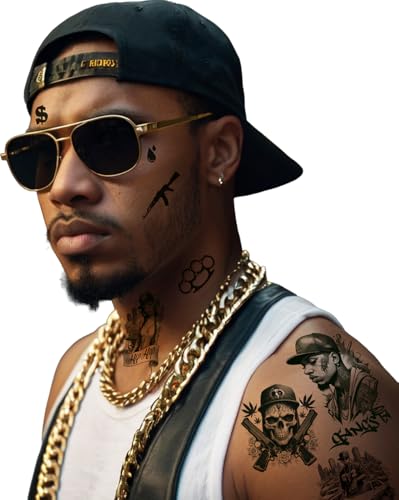 FIESTAS GUIRCA | Temporäres Tattoo-Blatt Thug Life (14x30cm) - Temporäre Tattoos für Gangster-Kostüme, Halloween, Karneval, Kostümpartys und Cosplay - Schwarz