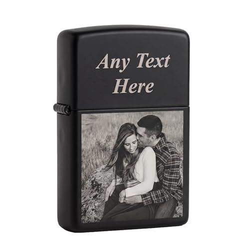 Personalised Photo Engraved Windproof Lighter | Custom Metal Petrol Lighter with Picture & Text | Permanent Laser Engraving | Fathers Day Keepsake Men Dad | Black