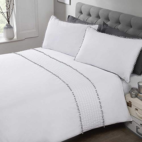 Rapport Pompom Duvet Cover Bed Set, Single POMPOM-SING-WHGR, White/Grey