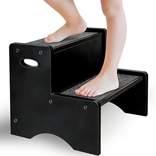 Step Stools for Kids, Non-Slip Wood Step Stool for Toddlers, Kids Step Stool, Toddler Step Stool, Child Potty Training Toilet Stool, Wood Step Stool for Bathroom Kitchen Bedroom Kid's Furniture, Black
