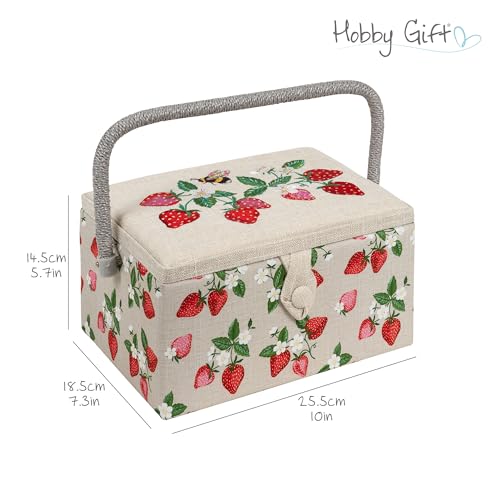 Hobby Gift Exclusive Medium Sewing Craft Hobby Storage Box, Accessories Tray Pin Cushion Pocket PVC Handle Embroidered Lid 18.5 x 25.5 x 14.5cm, Embroidered Strawberries