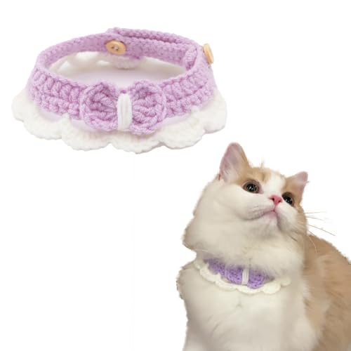 Wag&Winkペット 首輪 犬 猫 可愛い 調節可能 バンダナ よだれかけ 日系INS風 千鳥格 蝶結び レース 綿 S/M/Lサイズ 日常 おしゃれ プレゼント 軽量 安全 多機能 (INS風パープル, S)