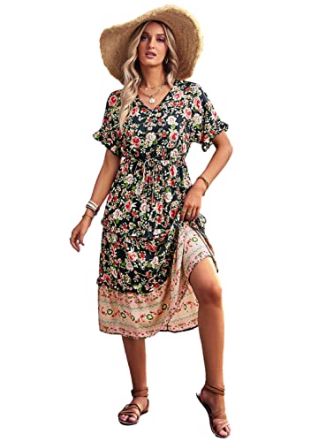 Robe vintage à imprimé floral noir bohème chic midi pour femme