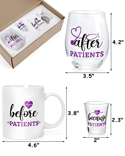 Levfla Before Patients After Patients Set Nursing Gifts 11 Oz Coffee Mug 18 Oz Stemless Wine Glass 2 Oz Shot Glass For Doctor's Day Pediatrician Physician Graduation Birthday Nurse Week Gifts (Purple) #TOP2