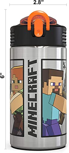 Zak Designs Minecraft - Stainless Steel Water Bottle With One Hand Operation Action Lid And Built-In Carrying Loop, With Straw Spout Is Perfect For Kids (15.5 Oz, 18/8, Bpa-Free) #TOP2