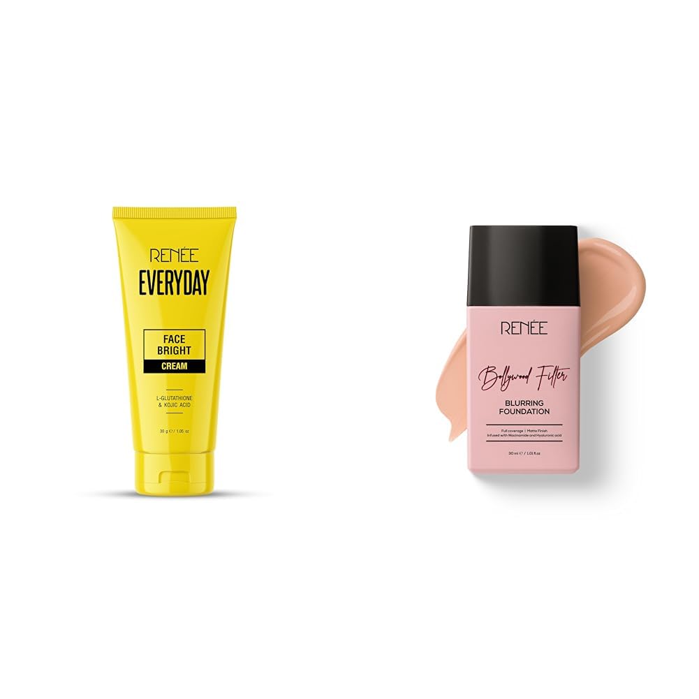 RENEE Everyday Face Bright Cream | Lightweight & Non-Greasy Infused with L-Glutathione Bollywood Filter Blurring Liquid Foundation- With Niacinamide & Hyaluronic acid
