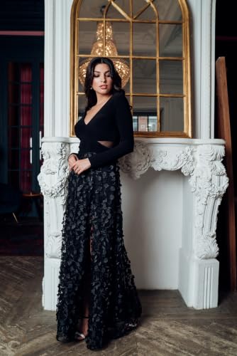 Image of Xscape Women's Long Sleeve V-Neck Formal Evening Gown with Floral Applique Skirt and Side Slit