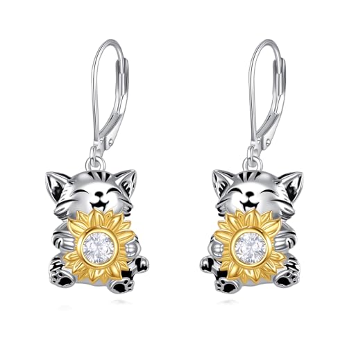 Boucles d'oreilles chat argent 925 pendantes tournesol femme