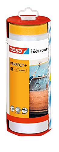 tesa Easy Cover Perfect+ Dispenser XL - 2in1 Malerfolie mit Washi-Kreppband und Abroller - für saubere, präzise Schnitte - mit Klingenabdeckung - 17 m x 2,60 m