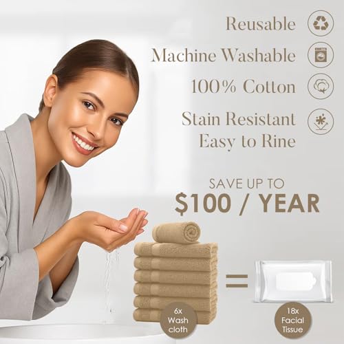 Image of DAN RIVER 12-Pack Premium 100% Cotton Tan Face Towels for Bathroom - Reusable Face Wash Cloths for Showering 12x12 Inches - 550 GSM Super Soft & Absorbent Luxury WashCloths for Body, Spa & Gym