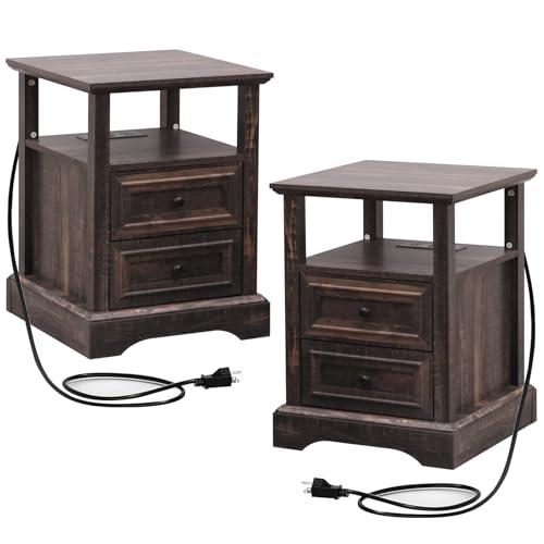 Image of Farmhouse Nightstands Set of 2 with Charging Station,Walnut Brown Tabletop | End Tables with 2 Drawers, Open Shelf, USB Ports, Metal Knobs, for Rustic Bedroom Bedside, Living Room, Dorm