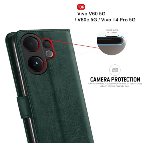 Image of TheGiftKart Genuine Leather Finish Flip Back Cover Case for Vivo V60 5G / V60e 5G / Vivo T4 Pro 5G | Inbuilt Pockets & Stand | Wallet Style | Designer Button Magnet Flip Cover (Faux Leather, Green)