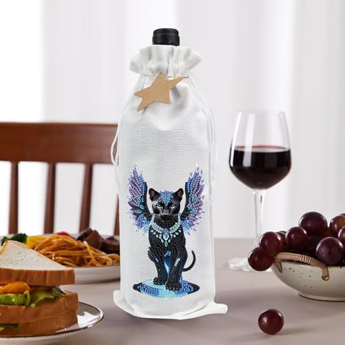 Image of 5D Diamond Painting Wine Bag, DIY Diamond Art Gift Pouch, Handmade Linen Wine Bottle Holder, Black Panther with Wings Design Decorative Champagne Wrapping for Holiday Party and Festive Gifts