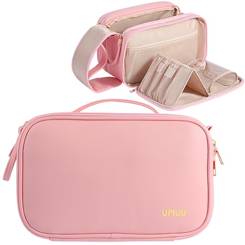 Toiletry Bag for Women Mom, Large Cosmetic Bag, Travel Essentials,Toiletries Organizer Case for Grooming, Water Resistant Full-Sized Makeup Bag, Excellence PU Leather, Vertical Brush Holder, Pink