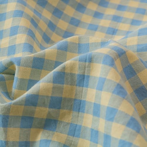Image of EAVD Mini Blue Yellow Plaid Duvet Cover Queen Soft Cotton Reversible Grid Plaid Bedding Set with 2 Pillowcases Modern Style Geometric Grid Plaid Pattern Duvet Cover with Zipper Closure