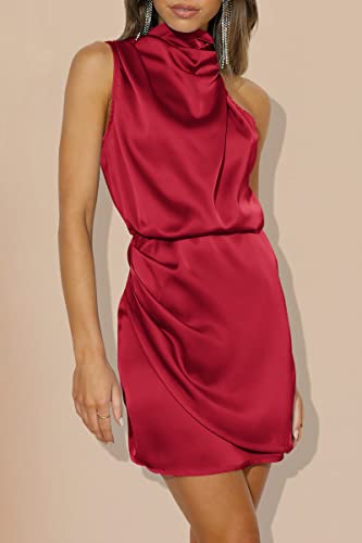 Prettygarden Women's 2023 Summer Satin Dress Sleeveless Mock Neck Short Formal Cocktail Party Dresses (Red,Large) #TOP6