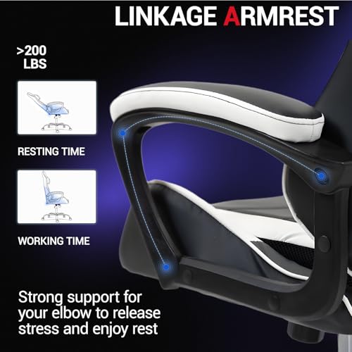 Gaming Chair Leather Ergonomic Computer Chair for Adults - High Back, Headrest, Massage Lumbar Support, Height Adjustbale Seat - Desk Video Game Chair for Home and Office, White - Image 6