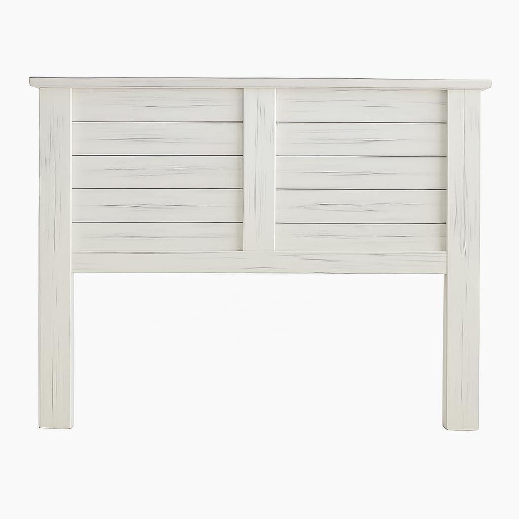 Cabecero Campero-Vintage para Cama de 150, Fabricado en Madera Maciza de Pino alistonada Acabado en Blanco Envejecido Totalmente Acabado