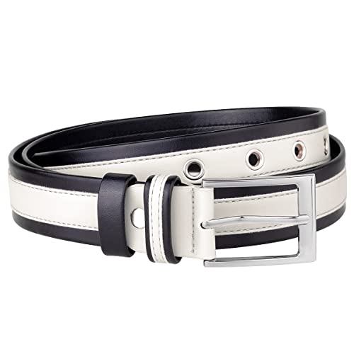 Sportmusies Two-Color Casual Grommet PU Leather Belt Women Waist Belt with Rectangular Buckle for Jeans Pants, White, Fit 90cm-100cm Waist