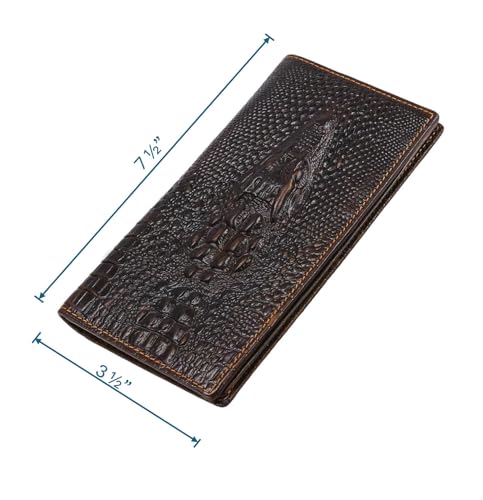 Genuine Leather Bifold Long Wallet for Men, Retro Vintage Embossed Clutch with Zipped Coin purse & Credit card Slots. RFID Blocking. Crocodile Head- Coffee4