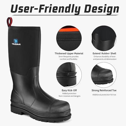 Rubber Work Boots with Steel Shank, Men's Waterproof Rain Boots Anti-slip, 5mm Neoprene Insulated Outdoor Hunting Boots, Durable All Season Knee Boots for Farming Construction Gardening Size 6-143
