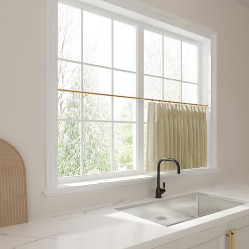 Image of TWOPAGES 26 inch inch W x 24 inch inch L Linen Blend Cafe Curtains for Kitchen Window, Light Filtering Pinch Pleated Tier Curtains, Modern Farmhouse Half Window Curtains for Bathroom, Light Khaki, 2 Panels