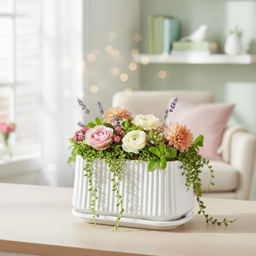 Image of Xtore Contemporary Rectangular Ceramic Planter with Drainage Tray | Ribbed Indoor Flower Pot for Succulents, Herbs, Tabletop Gardens & Modern Home Decor (White, Planter only)