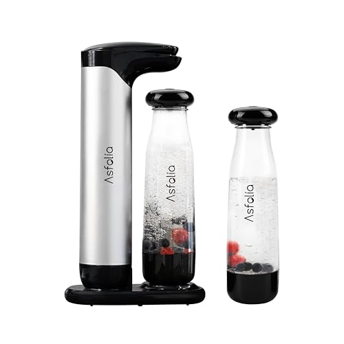 Asfolia Sparkling Water Maker - Bottom Carbonation Stainless Steel Soda Maker for Home Use, Includes Two 1L BPA-Free PET Bottles (Silver)