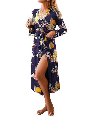 Image of Ekouaer Women Kimono Robes Full Length Knit Bathrobe Lightweight Soft Sleepwear V-neck Casual Ladies Loungewear S-XXL