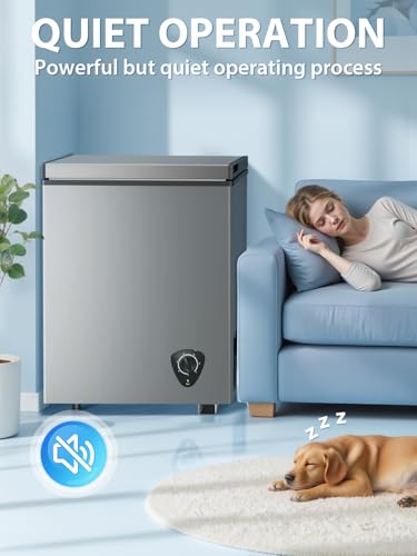 Image of Small Deep Freezer with Removable Basket, 3.5 Cu.ft Chest Freezer Top Door Open, 7 Grade Temperature Control Ideal for Kitchen Apartment Office, Light grey