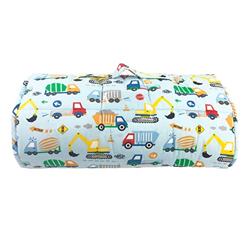 Napcure Toddler Nap Mat With Removable Pillow And Minky Blanket,Soft Rolled Napping Mats For Boys And Girls,Lightweight Daycare,Preschool,Travel Toddler Sleeping Slumber Bag-50”×20”(Truck And Digger) #TOP6