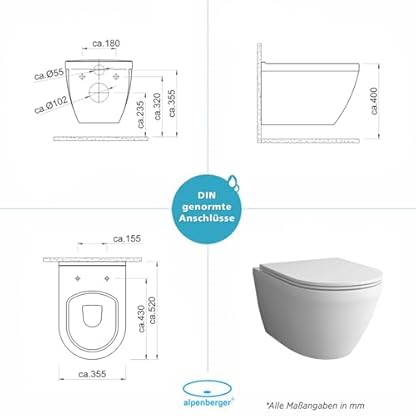Alpenberger Spülrandloses Hänge WC Komplettset | Hänge-Toilette mit Nano Beschichtung | Wand WC & Softclose Sitz | Geberit Duofix UP320 Spülkasten & Bausatz & Betätigungsplatte | Made in Europa – Bild 8