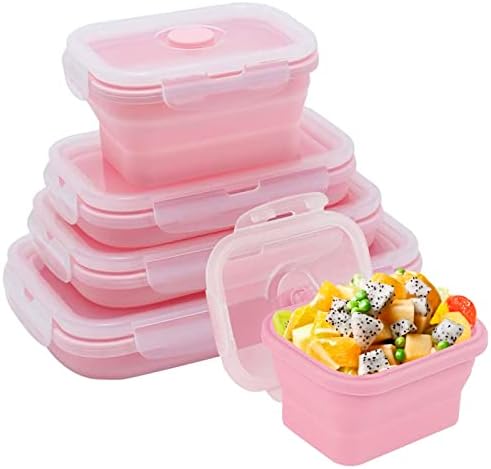 Yagote 4 Pcs Silicone Collapsible Food Storage Containers with Lids Silicone Lunch Box Bento Box BPA free for Kitchen Pantry Organization Microwave Freezer (4pcs-Pink)